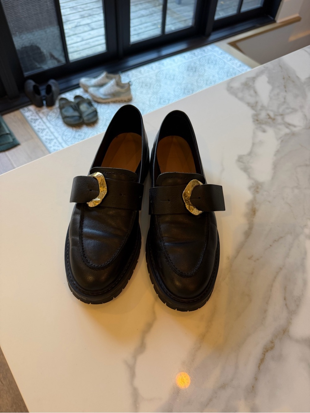 Flattered women’s Black Leather Loafers with Gold Buckle size 40